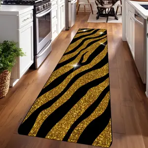 1PC， Black and Gold Zebra Stripe Glitter Patterned strip rugs, home décor, bathroom mats, entryway mats, bathroom non-slip mats, indoor entrance rugs, bedroom bedside mats, kitchen mats, hallway rugs, flannel sponge rugs, hallway runner rugs