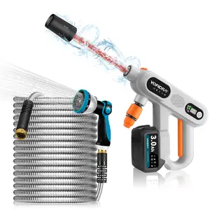 YOFIDRA Brushless High Pressure Washer Gun and Stainless Steel Garden Hose Combo Kit, 3-Speed Cordless Car Washing Machine with Adjustable Nozzle + 50/100ft Flexible Metal Water Hose, Heavy Duty Leak-Proof for Car, Garden & Outdoor Cleaning