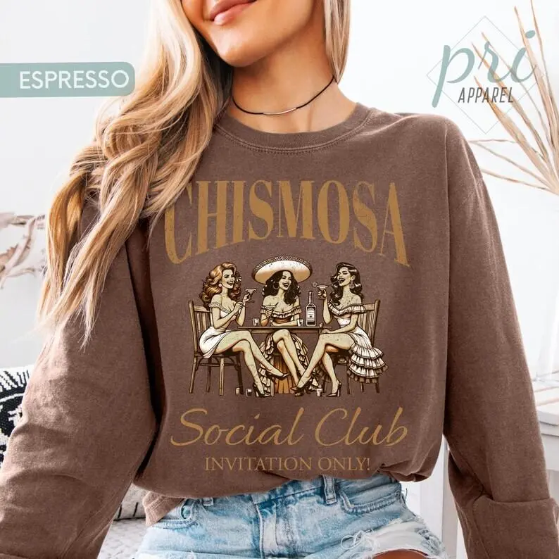 Espresso Apparel Chismosa Social Club TShirt Latina Outfit Gift Mexican Vintage Style Clothing Funny Spanish Sweatshirt Best Friend Gift Casual Women's Top Long Sleeves Adjustable Drawstring Hoodie