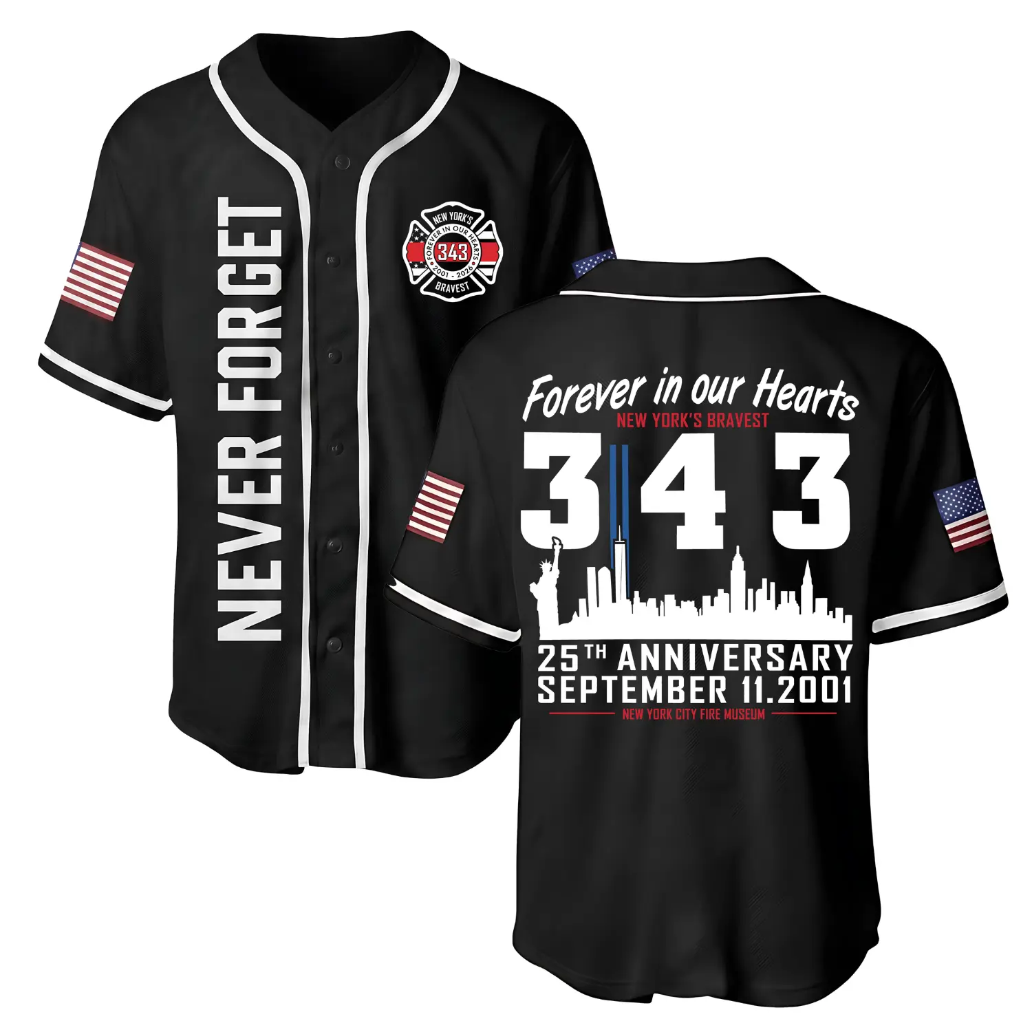 Forever In Our Hearts 343 Hero 9/11 25th Anniversary Baseball Jersey