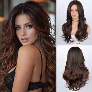Glueless Synthetic Wig Honey Brown Balayage Body Wave No Bangs Heat Resistant For Women Office Chic Casual Outings