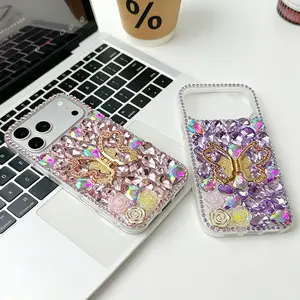 Luxury rhinestone butterfly phone case for iPhone 17/16/15, bling diamond shockproof cover with wrist strap, 2-in-1 soft + hard protective case, camera lens protection, anti-scratch, anti-yellow, cute stand design for girls