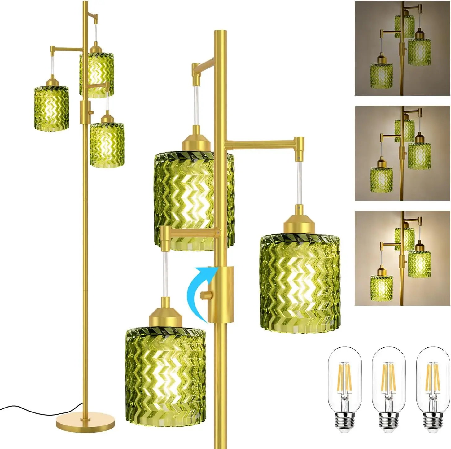VALLERICO Mid-Century Modern 3-Light Dimmable Floor Lamp - Knob Dimmer Switch, Amber & Green Stained Glass Shades, 3-Bulb Kit, Ready-to-Use Tall Indoor Light for Living Room, Room Decor, Home Office, Bedroom, Ambient Glow, Stockup,Halloween