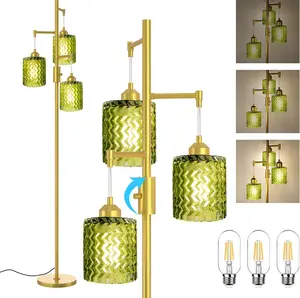 Mid Century Modern Floor Lamp with Dimmer Switch, 3-Light Vintage Standing Lamp, Amber & Green Stained Glass Shades, Dimmable Knob Control Tall Lamp for Living Room Bedroom Reading Decor, Warm Ambient Lighting for Home Office Corner,Stock Up,Mother's Day