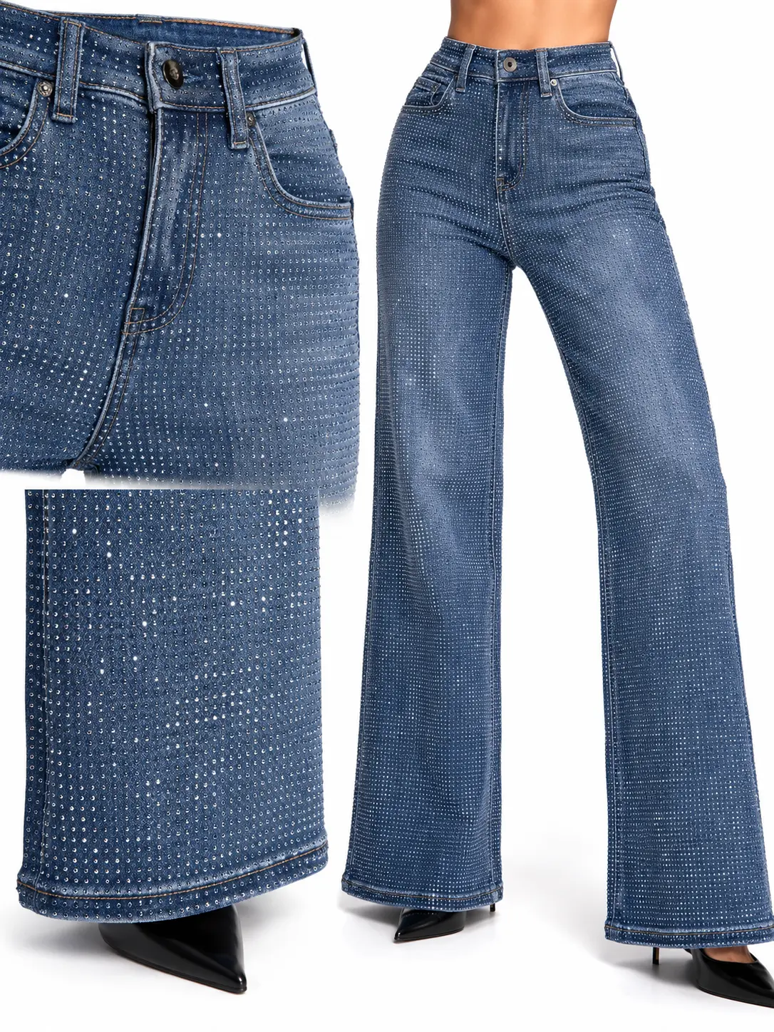 Straight Leg Jeans Rhinestone High Waisted Pearl Boyfried Denim Pants Sparkly Bling Glitter Bedazzled Jeans Women wide preppy Skinny