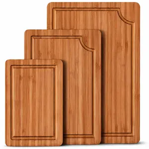 Non Toxic Bamboo Wood Cutting Board Set for Kitchen Meal Prep & Serving, Deep Juice Groove, Side Handles, Charcuterie & Chopping Butcher Block for Meat Knives Wooden Wooden Wooden