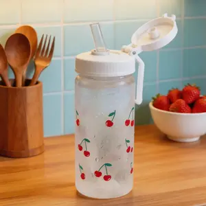 Large Capacity Cherry Print Plastic Water Cup, Leak-Proof Portable, Semi-Transparent Matte Body, Cute Cherry Design, Handle and Lid Included