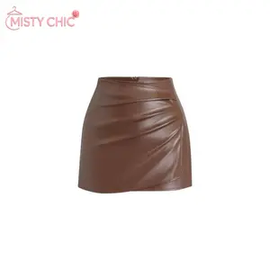 MISTY CHIC Viral Brown Satin Ruched Wrap Mini Skirt, High Waisted Bodycon Silhouette with Asymmetrical Hem, Retro American Style Perfect for Night Out, Music Festivals, and Everyday Streetwear Looks