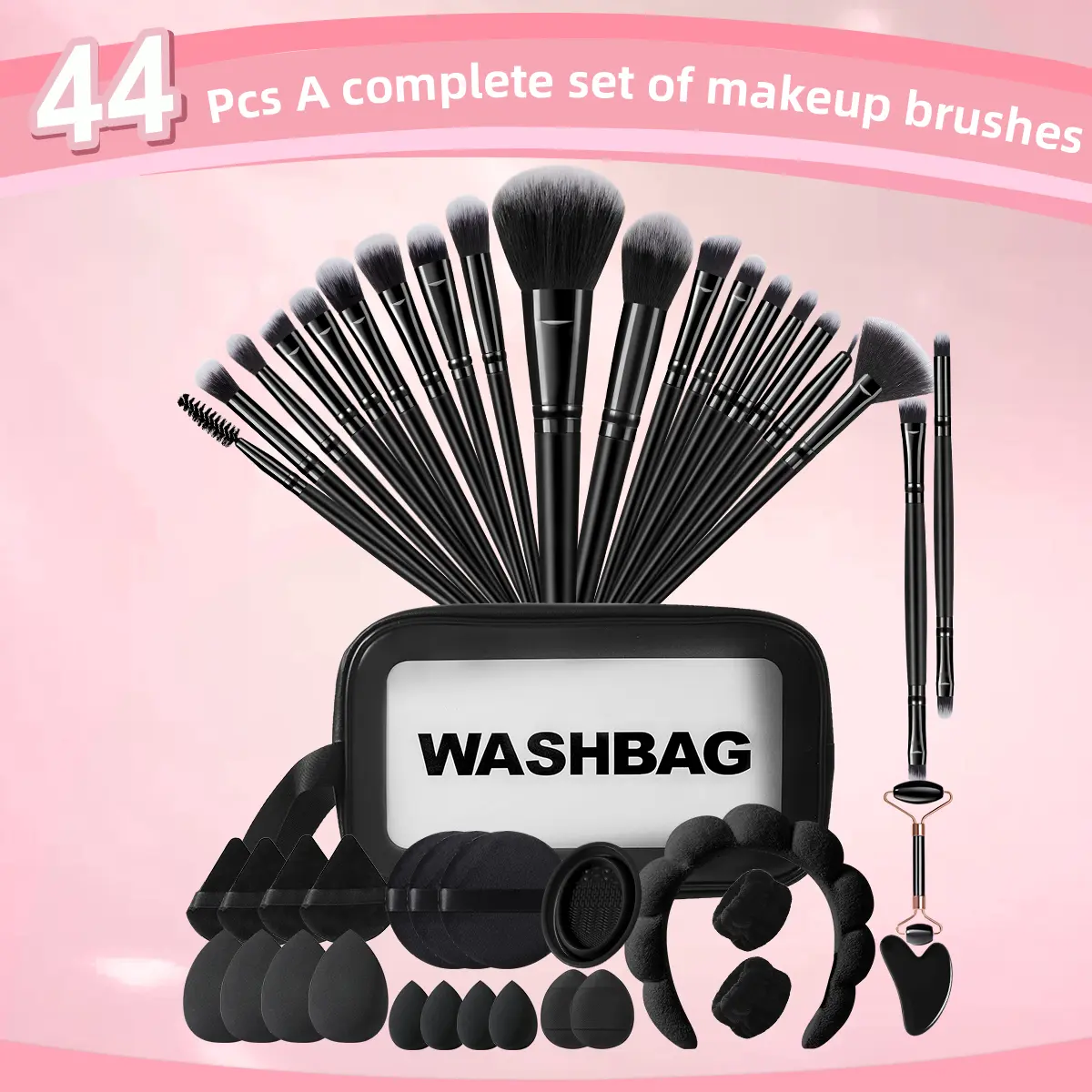 44-piece Facial Makeup Tool Set, 20 Makeup Brushes & Toiletry Bag & Hair Band & 2 Wrist Straps & 4 Large Makeup Sponges & 4 Fan Powder Puffs & 4 Mini Makeup Sponges & 3 Large Round Powder Puffs & 2 Thumb Powder Puffs & Jade Roller & Scraping Board...