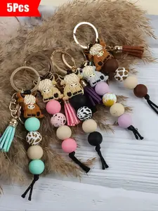 5 Pieces Candy Color Silicone Bead Keychain Set, Keychain for Bags, Cute Yaks Pendant with Short Tassel Keyring, Practical Gift for Friends and Special Occasions
