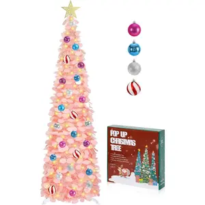 5 FT Pop Up Christmas Tree with Timer Lights and Decorations,  Artificial Tinsel Christmas Tree with 24 Ball Ornaments, Collapsible Pencil Tree for , Office, Holiday Party Decor