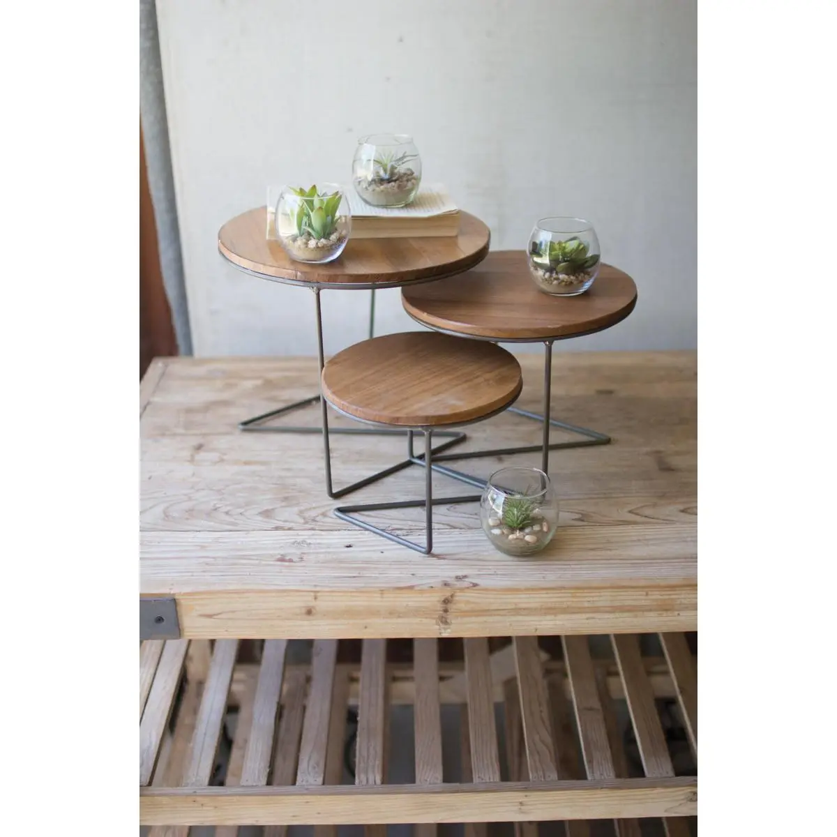 212 MAIN 3-Piece Sturdy Metal-Wooden Round Top Risers - Rustic Commercial/Office Furniture with 3 Sizes, Plant Stands, Display Stand