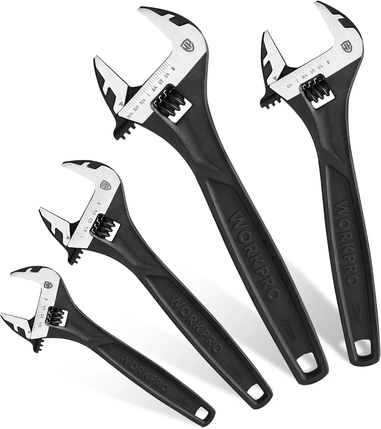 WORKPRO 4-Piece Adjustable Wrench Set – 6", 8", 10", 12", Cr-V Steel, Black Oxide, Corrosion-Resistant for Automotive, Plumbing & Home