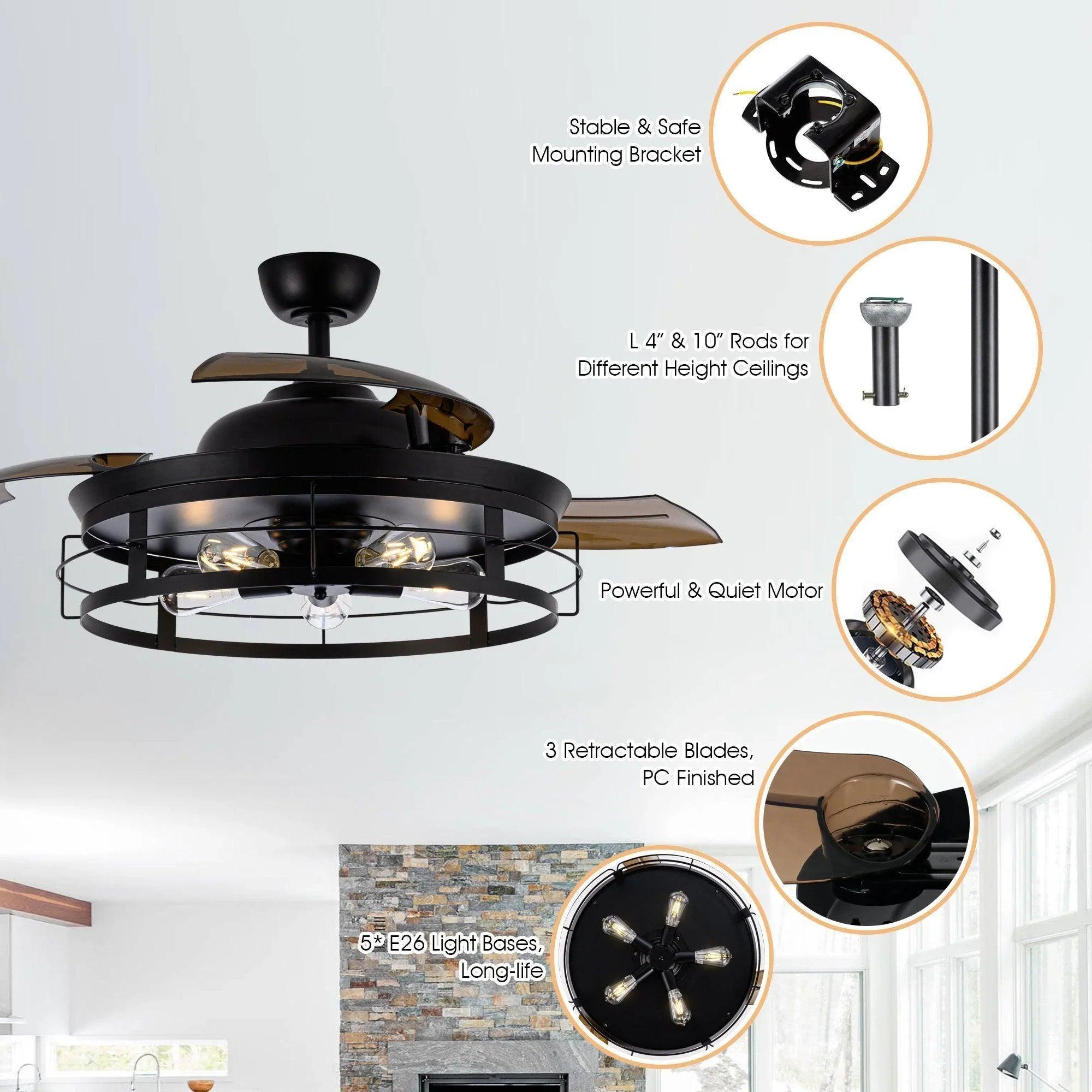 52" Industrial Downrod Mount Ceiling Fan with LED Light & Remote Control