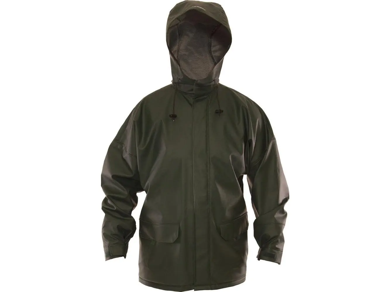 Men's Heavy Duty Weather-Tuff Jacket, Green PVC on Polyester Coat with Attached Hood and 16 mil Material Thickness - Large, Tops
