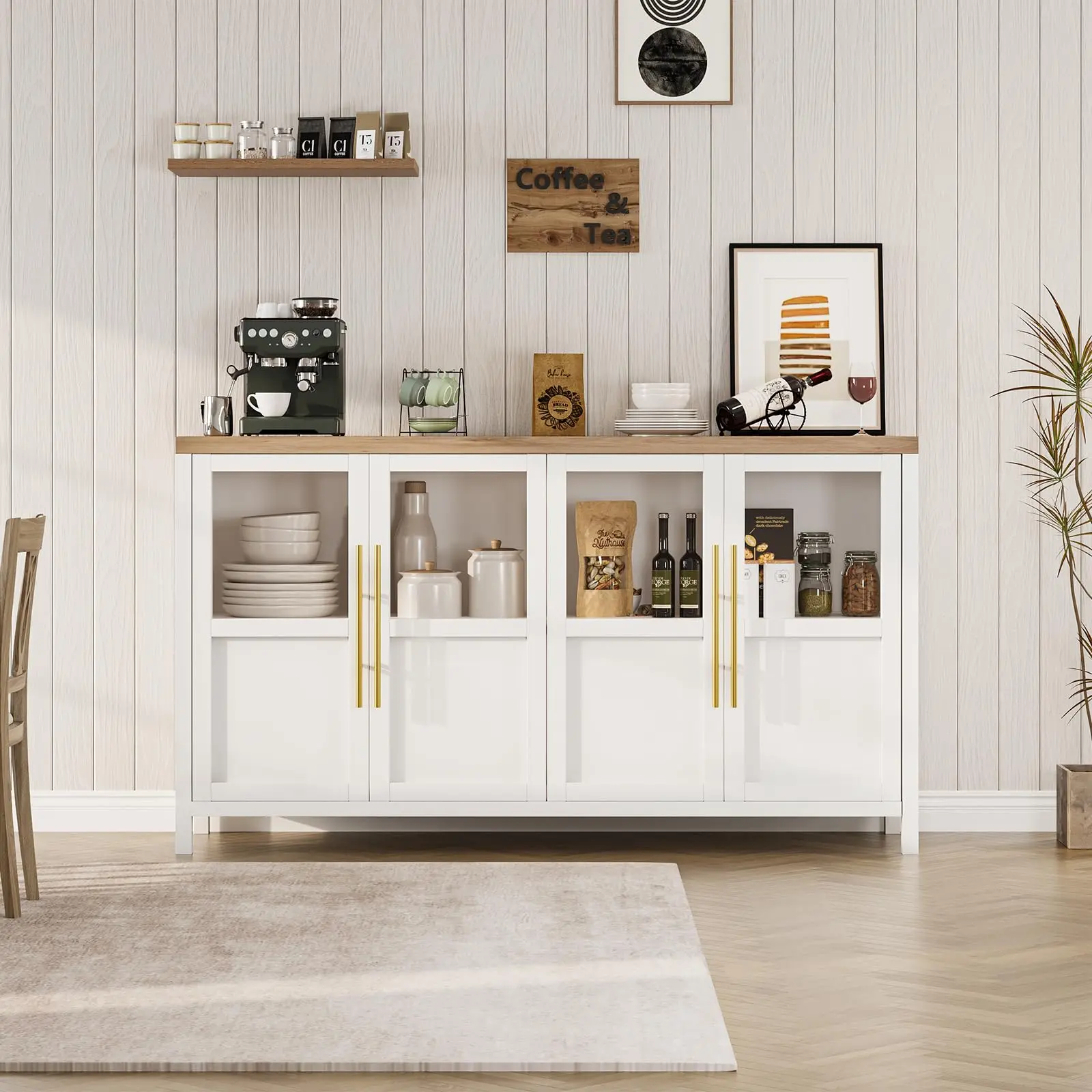 Garvee Large Buffet Cabinet with Storage, Sideboard Buffet Cabinet with Glass Doors, Modern Farmhouse Storage Cabinet Table for Kitchen Dining Room, Living Room (White, Glass With 4 Doors)