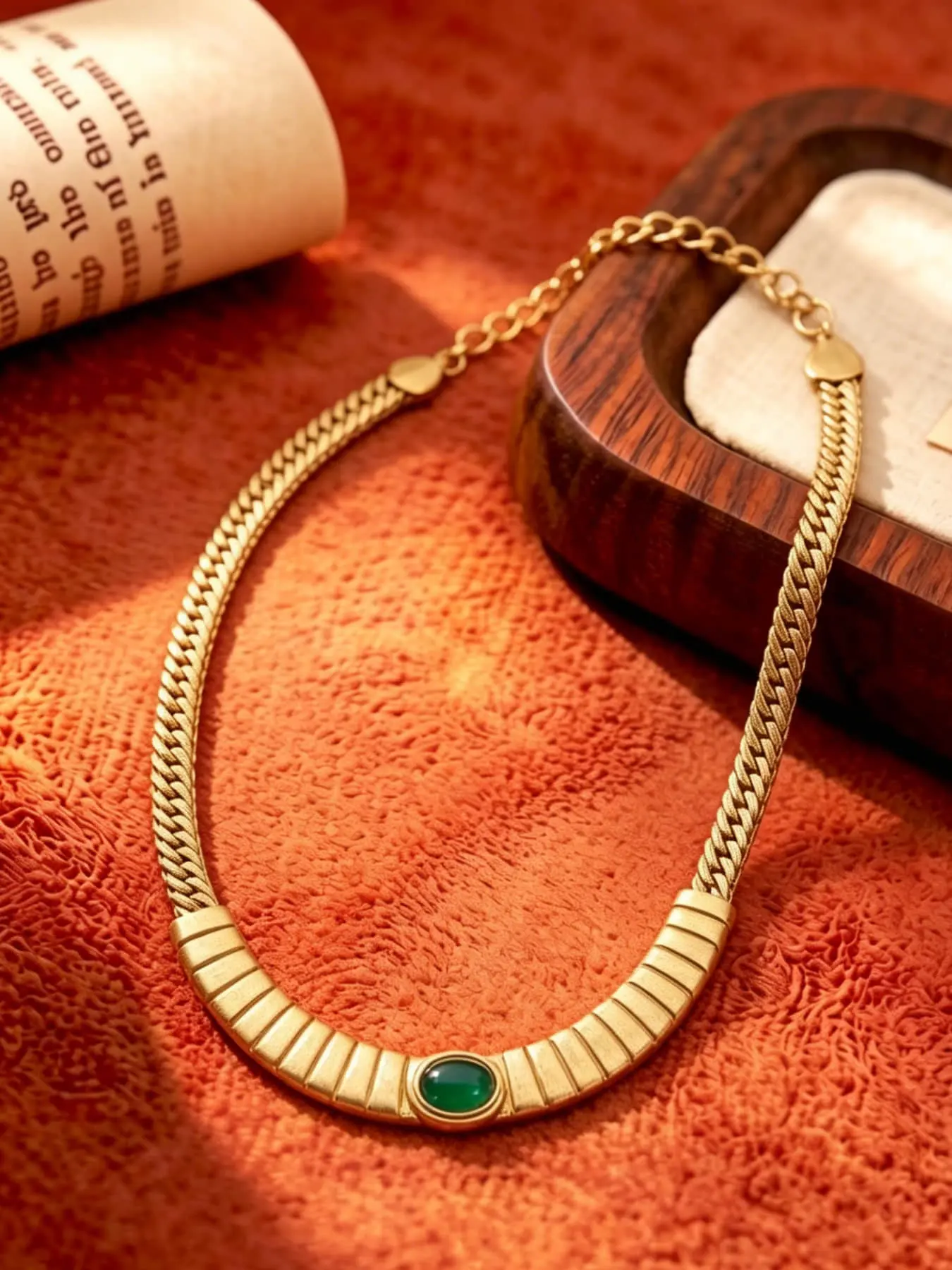 This vintage golden emerald choker necklace, with a matte gold feel and warm green chalcedony, exudes a luxurious retro atmosphere and is suitable for occasions such as dinners and commutes. It is also a surprising and exquisite small gift.