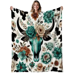 1Pc Southwestern Boho Cow Skull & Turquoise Floral Print Flannel Blanket - Heavyweight 280GSM All-Season Bedspread, /Beige/Brown/Black/Green Bed Cover For Bed, Couch, Office - Western (Teal Roses, Cacti Design)
