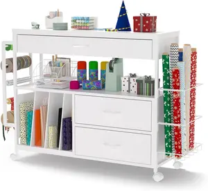 NIVISRE White 3-Wooden-Drawer Wrapping Paper Storage Organizer Cabinet - Craft Cart with Ribbon and Gift Bag Storage Holders