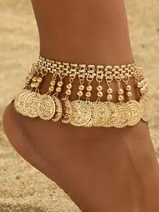 Vintage Metal Style Beaded Fringe Anklet for Men, Multi-Layer Beachwear Accessory, Casual Daily Wear Foot Jewelry, Unique Personality Design