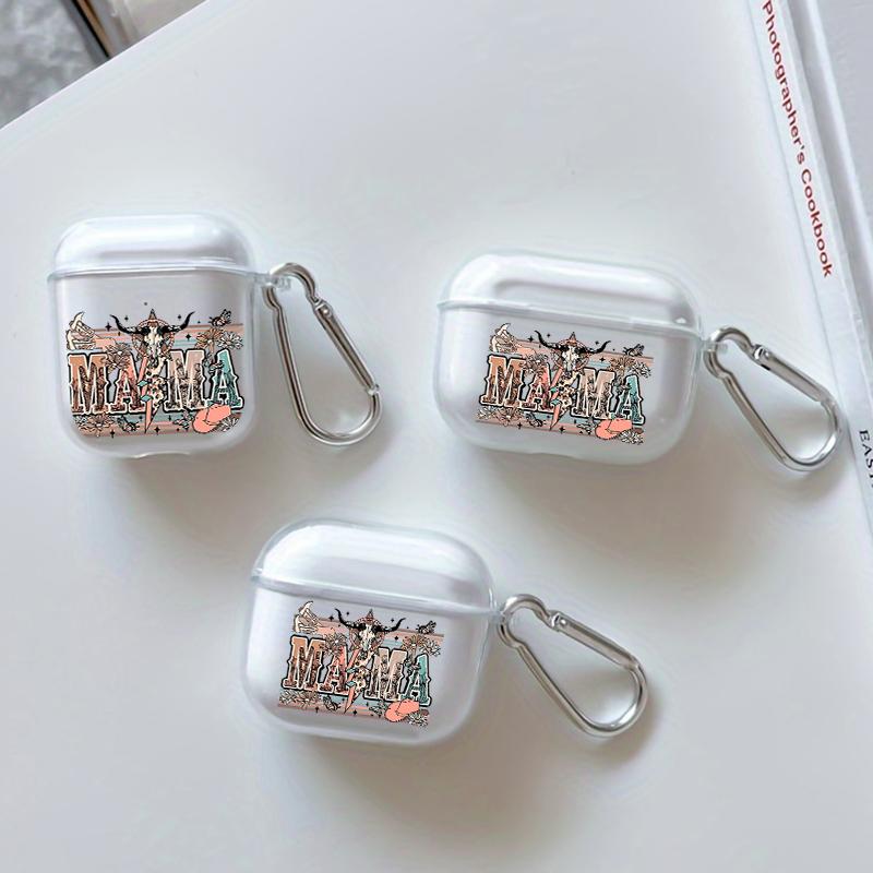 Western MAMA Pattern TPU Soft Protective Case for Apple AirPods 4/3/2/1/Pro/Pro2 Transparent Earphone Cover with Keychain Attachment