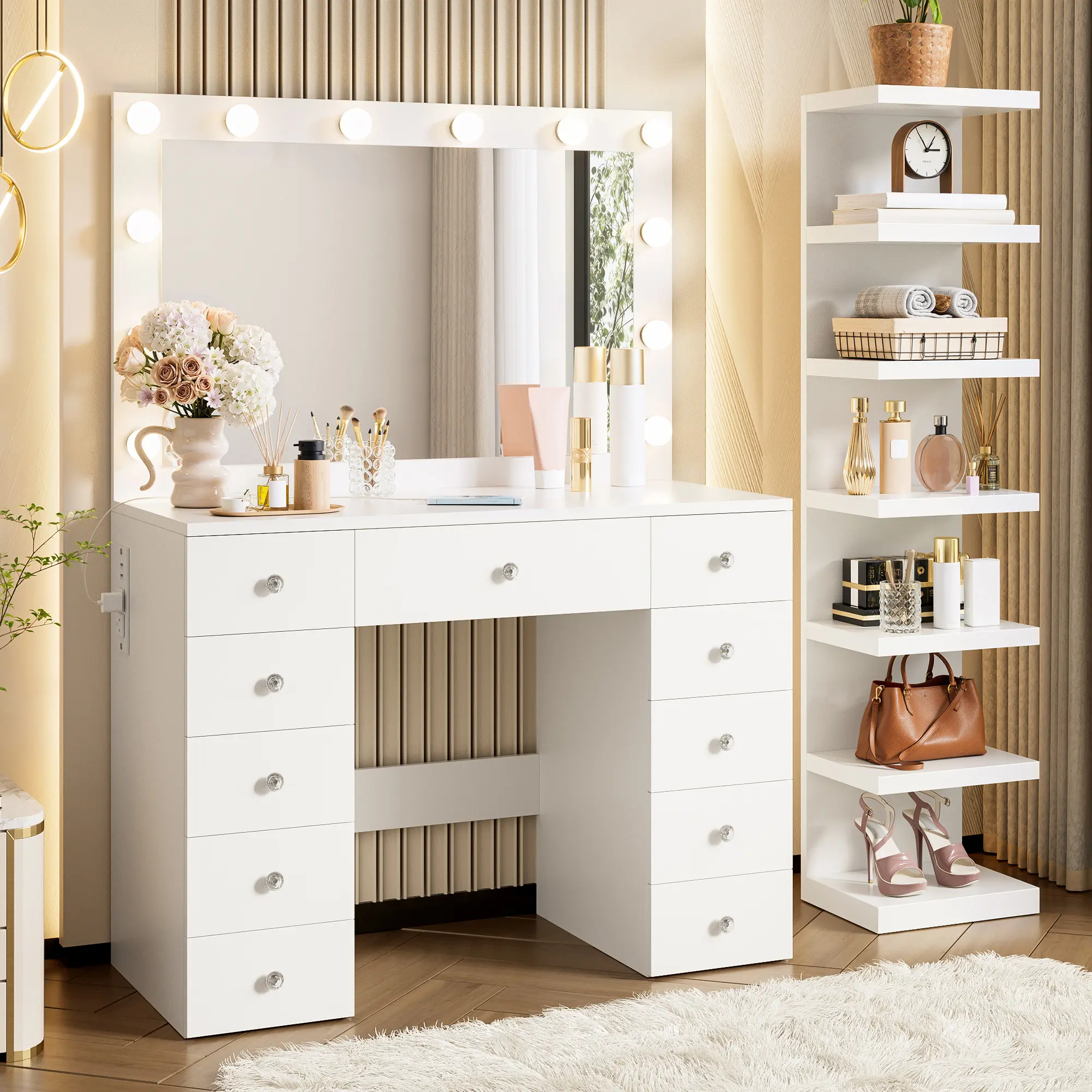 Vanity Desk with 11 Hollywood Bulbs & 7-Tier Shelf, Makeup Vanity Table with Power Outlet and 11 Drawers, 3 Color Lighting Modes, Dressing Table for Bedroom, White