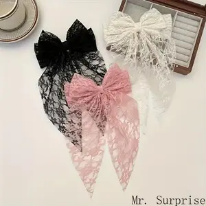 Women 3-Pack Lace Bow Hair Clips, Elegant Ribbon Hairpins, Lightweight Durable Fashion Hair Accessories, Classic Black & Pink Design for Daily Casual, Party Wedding Formal Occasions
