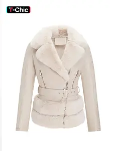 Women's Contrast Faux Fur Belted Coat Jackets, Casual Basic Long Sleeve Zip Up Outerwear for Fall & Winter, Ladies Clothes for Daily Wear, Womenswear