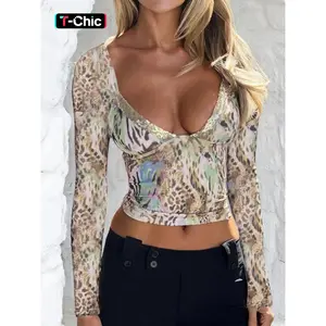 Women's Leopard Print Sequined Long Sleeve Top, Stylish Casual Chic Fitted Blouse for Daily Wear, Fashionable Ladies' Clothing