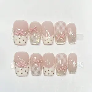 10pcs Pure Handmade Acrylic Nails Mid-Length Square Nail Pink And White Nails Stroble Flash Pain Gentle Cute Sweetend Pain Women And Gril,Spring Summer Fall Winter,Holiday And Dailys Life Use