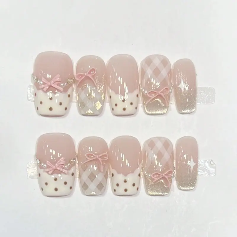10pcs Pure Handmade Acrylic Fake Nails Mid-Length Square Nail Pink And White Nails Stroble Flash Pain Gentle Cute Sweetend Pain Women And Gril,Spring Summer Fall Winter,Holiday And Dailys Life Use Stylish Acrylic Nails Decorative Nails Acrylic Nail Set