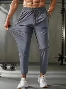 Men's Ice Silk Fiber Running Pants, Breathable Elastic Sports Long Pants with Zipper Pockets, Ideal for Running, Fitness, Outdoor Activities