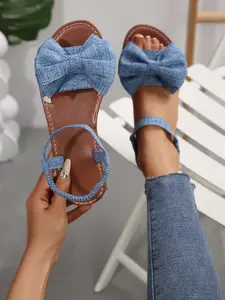 Boho Style Multicolor Large Bow Flat Sandals, Open-Toe Roman Slippers for Daily Wear, Women's Comfortable Casual Shoes