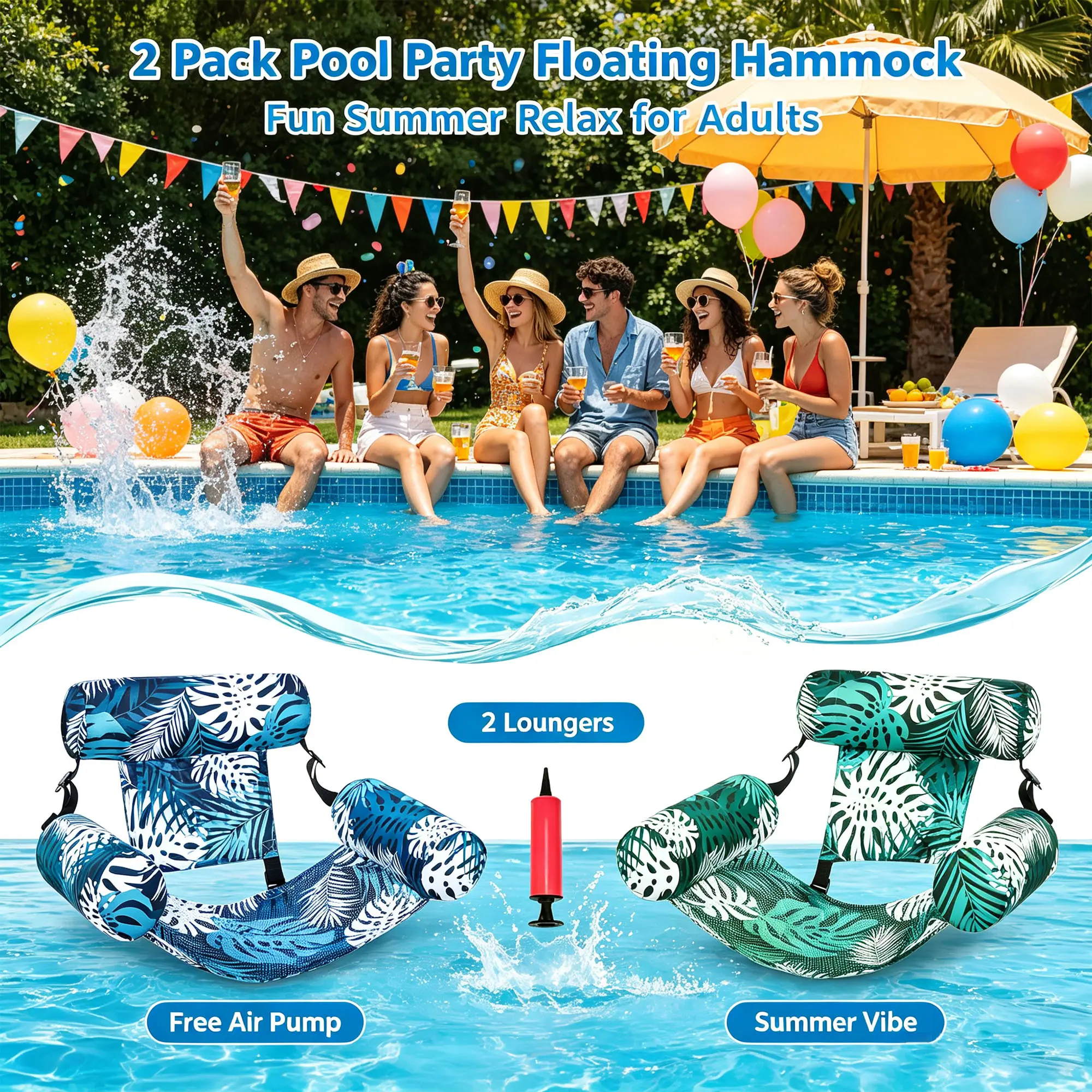 2-Piece Skin-Friendly Fabric Inflatable Hammock Float, Comfort Floating Pool Lounge Chair for Summer Pool Party, Portable Outdoor Water Leisure Gear with Storage Bag, Foldable Inflatable Seat for Beach, Swimming Pool and Lakeside Gathering