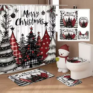 4pcs Merry Christmas design, Christmas tree and star, exquisite shower curtain set, non-slip floor mat, U-shaped carpet, toilet lid cover, perfect for bathroom decoration, partition, beautify space, free 12 shower curtain hooks