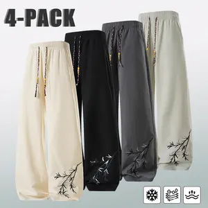 4PCS Men's Chinese Style Bamboo Embroidery Wide Leg Pants, Summer Quick Dry Loose Drawstring Casual Trousers, Breathable Lightweight Streetwear Baggy Pants