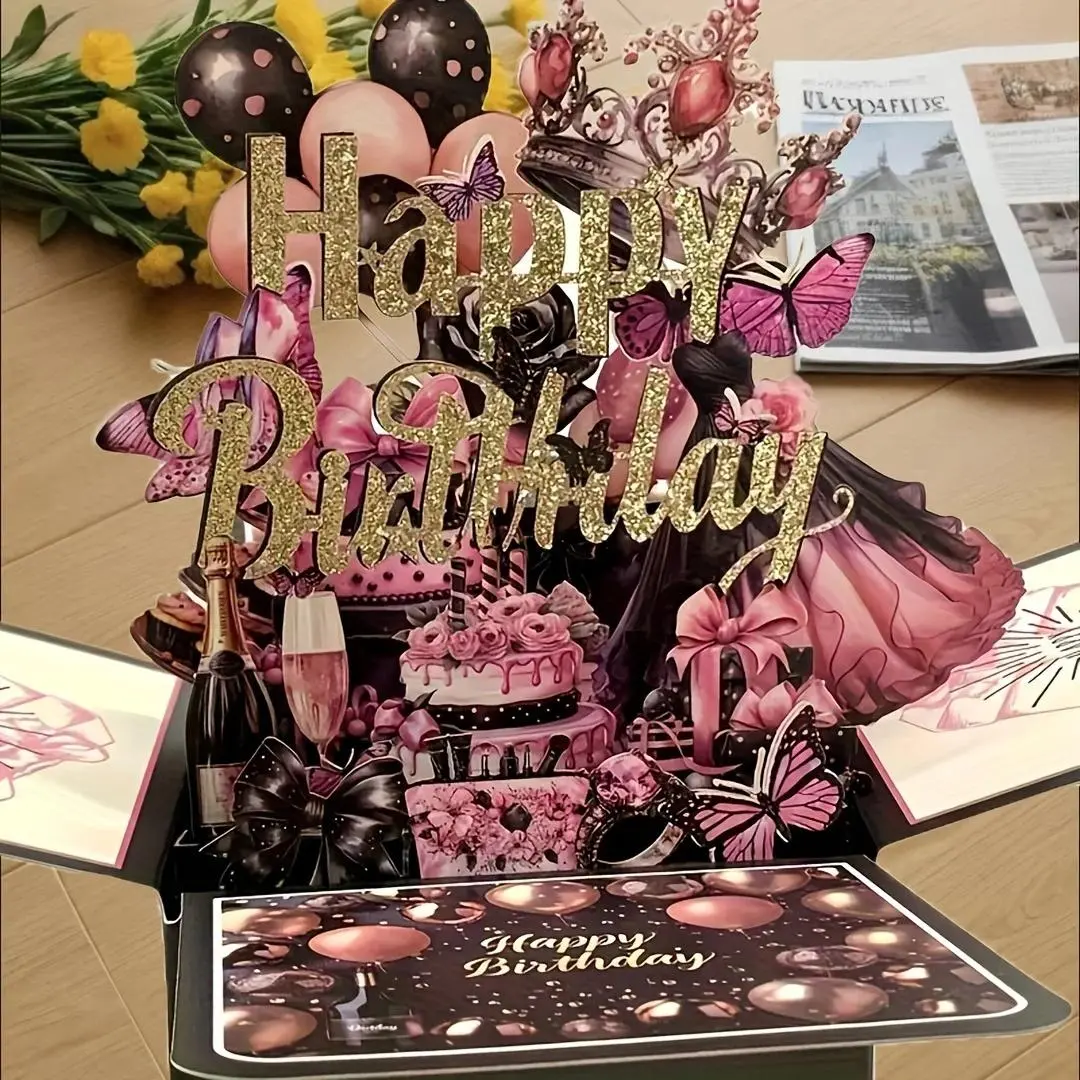 Elegant 3D Birthday Celebration Greeting Card Set with Design, Shiny Balloons and Cake Theme, Perfect Birthday Decoration Gift, Fun Party Cards, Message Card, Happy Birthday Card, Friend Birthday Card