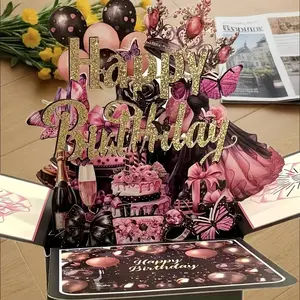 Elegant 3D Birthday Greeting Card Set with Design, Shiny Balloons and Cake Theme, Perfect Birthday Decoration Gift