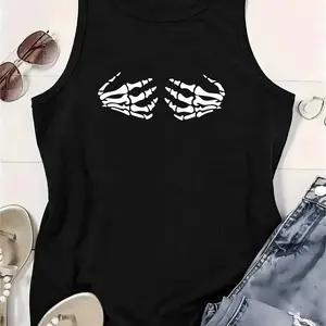Women's Chic Skeleton Hand Printed Tank Top,  Casual Soft & Breathable, Medium Stretch, Sleeveless Vest for All Seasons