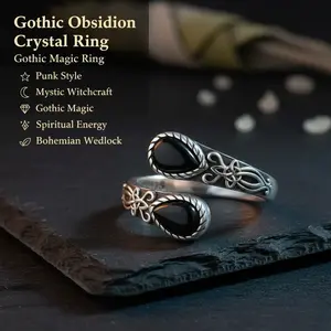 B 925 Sterling Silver Adjustable Open Ring, Punk Style, Mysterious Witchcraft Obsidian Ring, Gothic Magic Jewelry, Spiritual Energy Crystal Ring, Perfect Gift for Birthdays, Mother's Day, and Mystery Lovers, Bohemian Style Wedding Engagement Ring