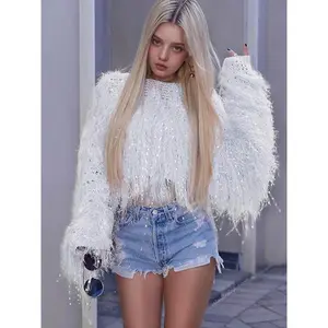 Women's Pink Tassel Trim Drop Shoulder Crop Sweater, Chic Fashion Casual Long Sleeve Boat Neck Jumper for Fall & Winter, Knitwear for Daily Wear Tops stylish hollow loose knit trendy open front mid-length versatile pullover lace curve woman fit knitwear