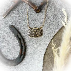 Western Buckle Initial Necklace - Antique Gold Fashionable Jewelry Iced Out Jewelry