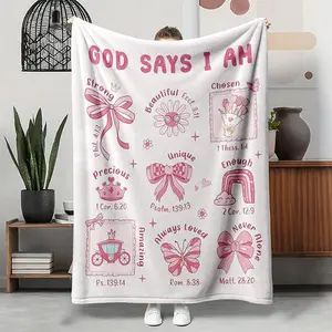 God Says I Am Enough Unique Amazing Flannel Blanket, Bible Verse Pink Crown Bow Pattern Soft Warm Throw, Cozy Nap Blanket for Sofa Couch Bed, Christian Gift for Her Girl Believer, Birthday Christmas Holiday Gift