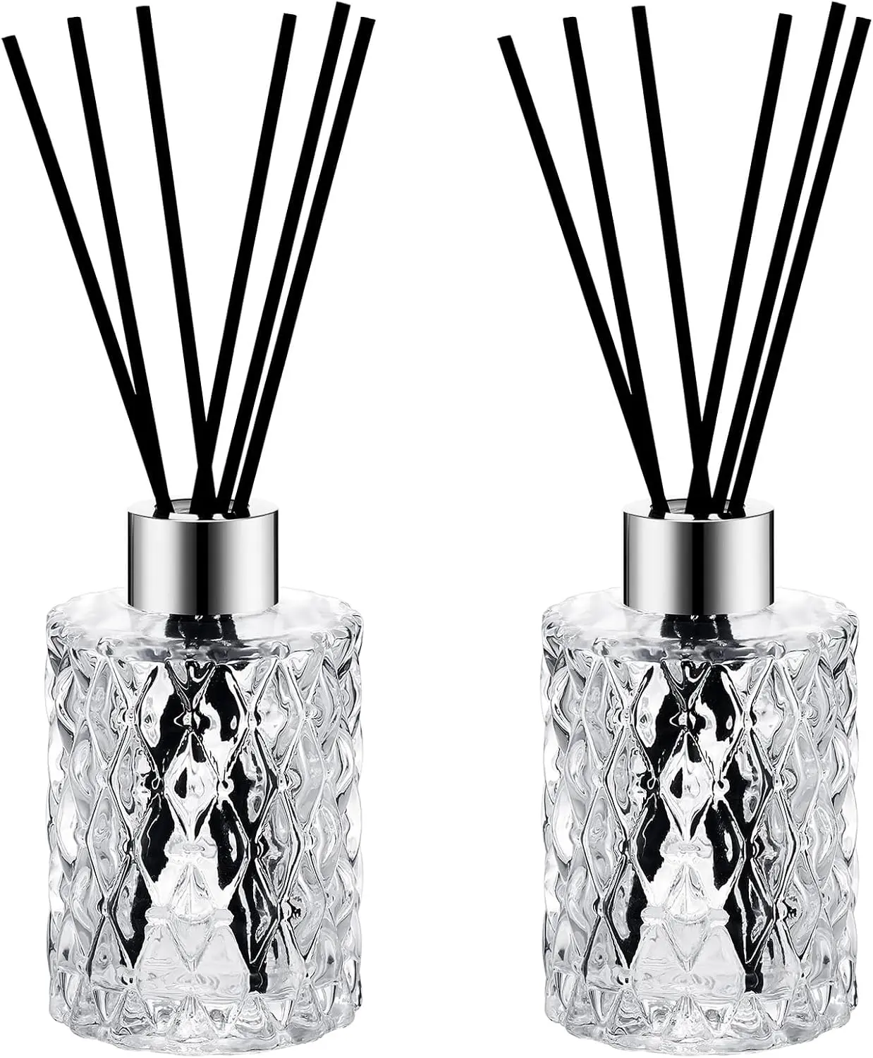2 Set Empty Reed Diffuser Bottle Set with Black Rattan Sticks & Cap, 150ml Refillable Patterned Glass Vases for DIY Essential Oil Scent, Aroma Freshener, Home Fragrance Gifts