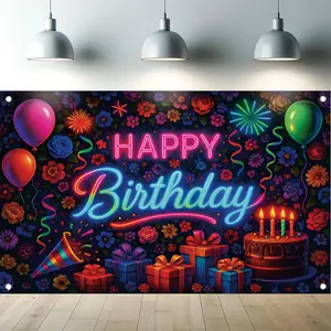 Happy Birthday Banner Backdrop Party DecorationsBanner - Music Notes Balloons Fireworks Stars Colorful Lights Brick Wall Photo Background Props