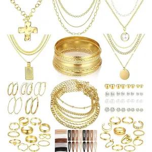 Women's 137-Piece Non-Tarnish Gold Jewelry Set - 12 Necklaces, 14 Bracelets, 21 Hoop Earring Sets, 24 Knuckle Rings, 66 Hair Accessories - Non Tarnish Jewelry, Stylish Accessories for Styling, Glamour Anniversary Gift