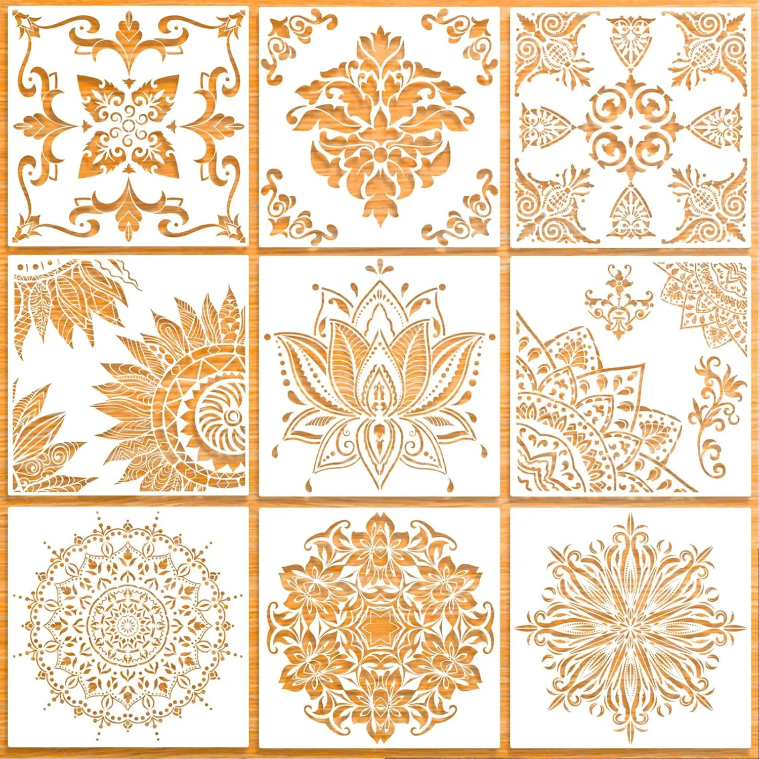 9 Pack (12x12 Inch) Large Reusable Stencil Mandala Laser Cut Painting Template for Floor Wall Tile Fabric Furniture Stencils