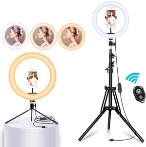 Ring Light (10 inch) with foldable, extendable Tripod stand, remote and Phone holder (stand alone, desktop) with 3 different types of LED Light