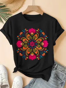 [Vintage Floral Blouse] Women's Vintage Distressed Faux Embroidery T-Shirt - Ethnic Floral Print Short Sleeve Blouse-Compatible Top | Soft Round Neck Suitable for Spring Summer Fall Casual Wear, Machine Washable Youthful Retro Blouse Style Apparel