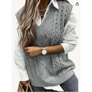 Plus Size Cable Knitted Sweater Vest, Casual V Neck Sleeveless Top For Fall & Winter, Women's Plus Size Clothing